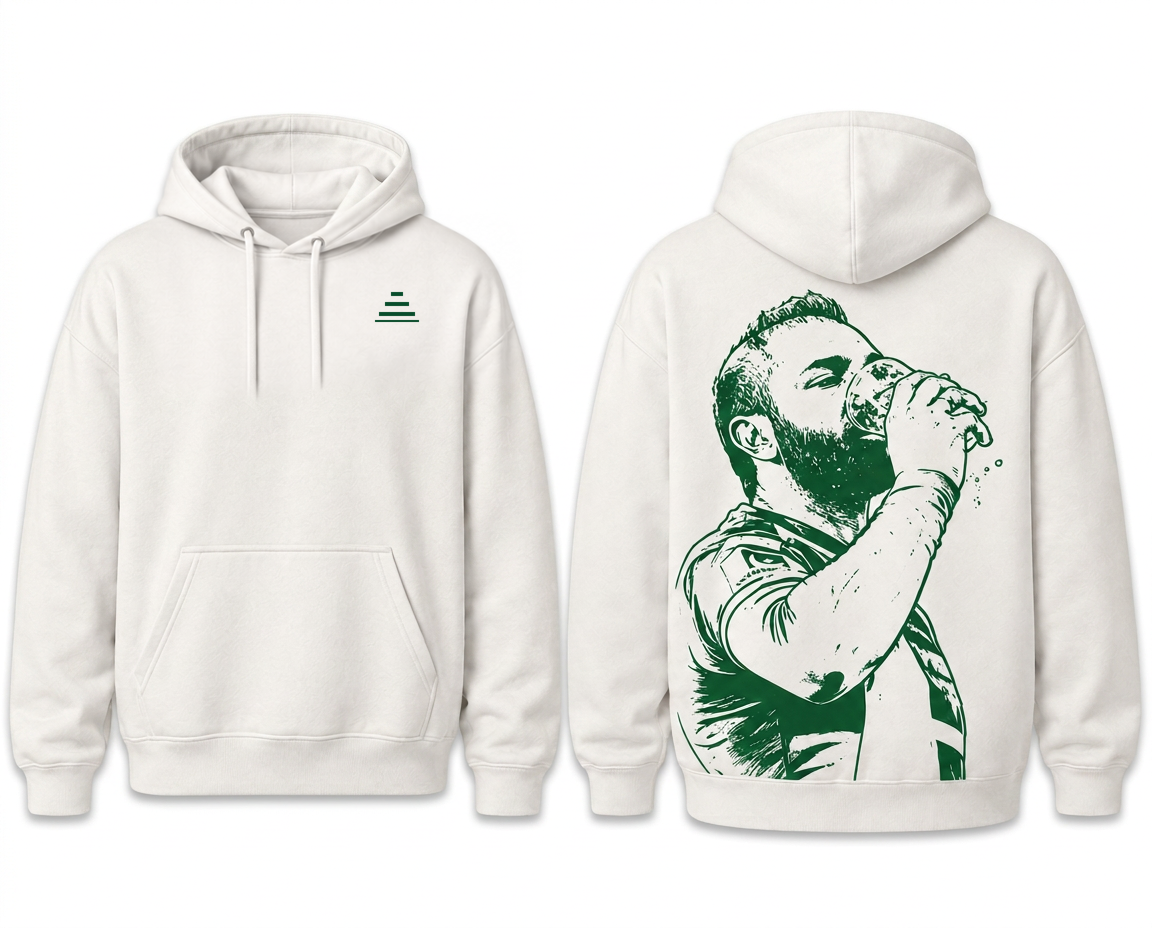 Ståplats Hoodie i off-white med grönt tryck, fram- och baksida